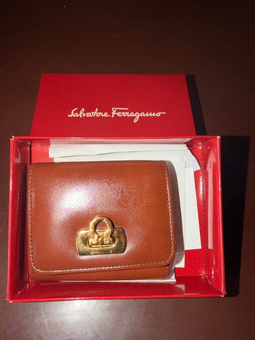 Salvatore Ferragamo Cognac Leather Compact Coin Wallet with Gold-Tone Clasp